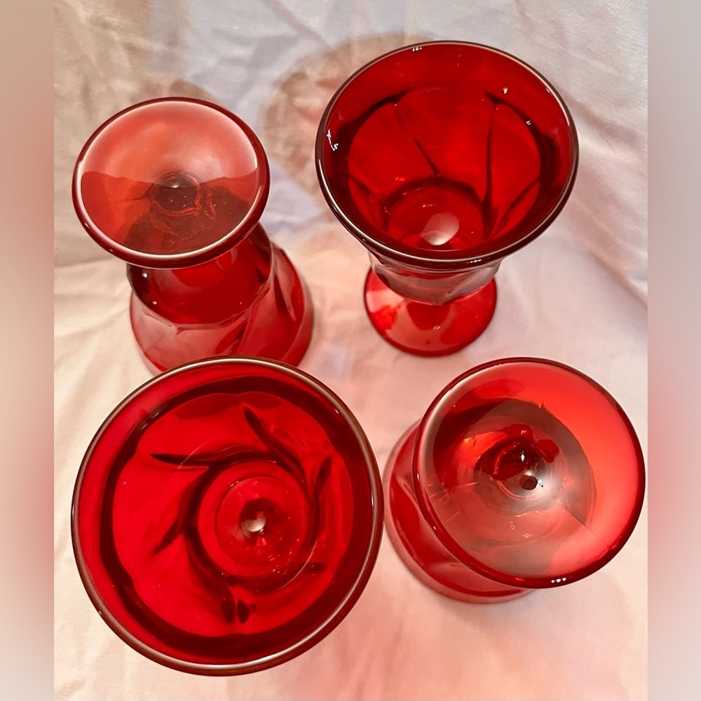 VTG Fostoria Jamestown Ruby Red Champagne Tall Sherbet Glasses Set of 4 Swirl